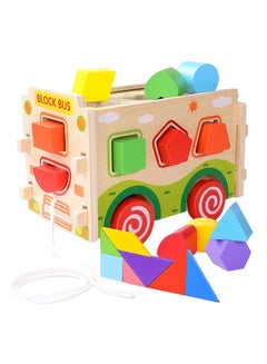Buy Wooden Colorful Shape Sorter Bus With Tangram Classic 3D Push Pull Truck Toy Play Set For Kids in Saudi Arabia