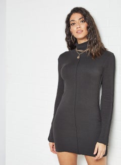 Buy Seam Detail High Neck Dress Black in UAE