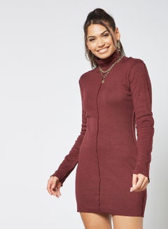 Buy Seam Detail High Neck Dress Maroon in UAE