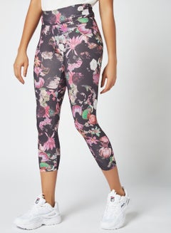 Buy Women's Mid Rise Sports Training Workout Cropped Length Stretch Leggings With Elastic Waist and All Over Print Multicolour in Saudi Arabia