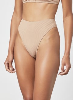 Buy High Leg Ribbed Bikini Bottoms Brown in UAE