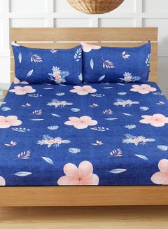 Buy 100% Polyester Floral Twin Flat Bed Sheet 150 GSM 140x210 : 1xPillow Cases 50x70cm Polyester Blue Single in UAE