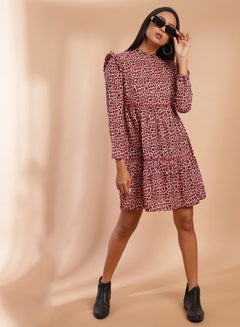 Buy Animal Pattern Pleated Mini Dress Red/Black in Saudi Arabia