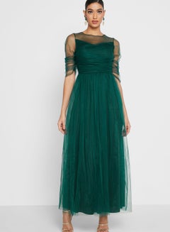 Buy Solid Pattern Round Neck Tule Dress Green in UAE