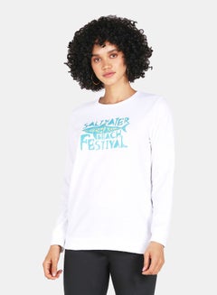 Buy Salt Water Shark Beach Festival Printed Casual Crew Neck Sweatshirt White in Saudi Arabia