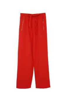 Buy Women's Casual Mid-Rise Tie Knot Elastic Waistband Full Length Relaxed Pants With Zipper Pocket Red in UAE