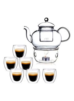 Buy 8-Piece Heat-Resistant Double Wall Borosilicate Glass Infuser Teapot Set With Warmer Clear 600ml in UAE