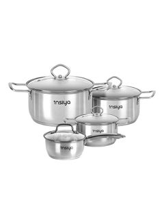 Buy 8-Piece Premium Stainless steel Pots and Pan Set with Glass Lids Silver in UAE