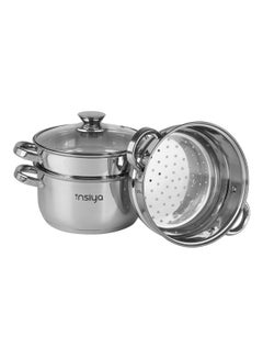 Buy 3-Tier Stainless Steel Steamer with Glass Lid Silver in UAE