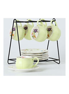 Buy 13 Piece Cup And Saucer Set With Iron Shelf Green 8.5x6x5cm in Saudi Arabia