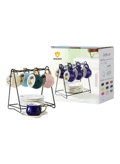 Buy 13 Piece Cup And Saucer Set With Iron Shelf Multicolour 8.5x6x5cm in UAE