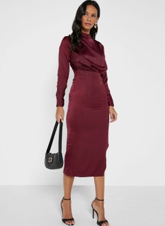 Buy High Neck Drape Style Dress Burgundy in UAE