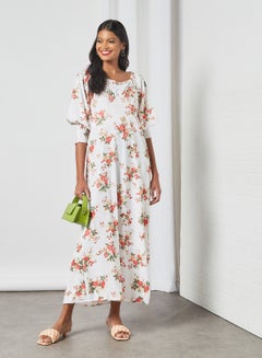 Buy Floral Print Puff Sleeve Dress White in Egypt