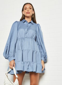 Buy Ruffled Shirt Dress Blue in UAE