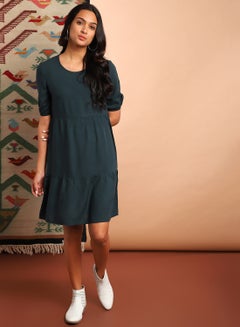 Buy Casual Solid Pattern Mini Dress Teal Green in Saudi Arabia