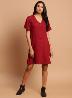 Buy Casual Solid Pattern Mini Dress Burgundy in Saudi Arabia