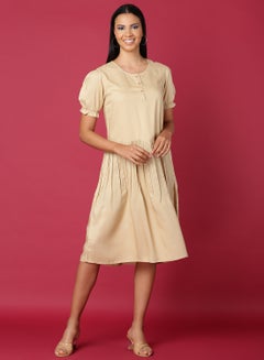 Buy Casual Knee Length Dress Beige in Saudi Arabia