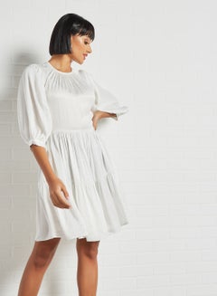 Buy Puff Sleeve Printed Dress Ivory in UAE