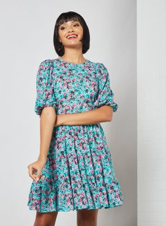 Buy Floral Print Tiered Dress Turquoise in Saudi Arabia