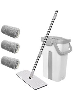 اشتري Microfiber Flat Mop with Bucket, Cleaning Squeeze Hand Free Floor Mop, 3 Reusable Mop Pads, Stainless Steel Handle,360° Rotating Head Squeeze Flat Mop White/Grey في الامارات