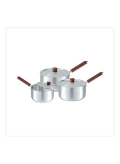 Buy 3 - Piece Almunium Cookware  Pot With Wooden Handle Set Silver/Brown 4Liters in Saudi Arabia