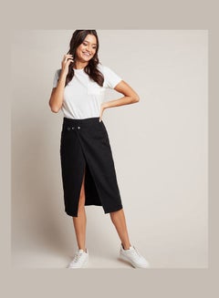 Buy Button Detail Asymmetrical Midi Wrap Skirt Black in Saudi Arabia
