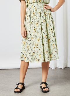 Buy Floral Print Midi Skirt Pastel Green/Flowers in UAE
