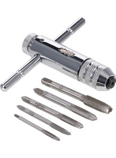 Buy 5-Piece Adjustable T-Handle Ratcheting Wrench Thread Kit with M3-M8 Machine Screw Thread Metric Plug Tap Silver in Saudi Arabia