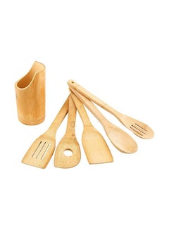 Buy 5-Piece Cooking And Serving Wooden Spoon With Stand Beige 30cm in Saudi Arabia