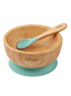 Buy Organic Bamboo Bowl Suction With Spoon  - Pastel Green in UAE