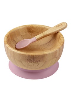 Buy Organic Bamboo Bowl Suction With Spoon - Pink in UAE