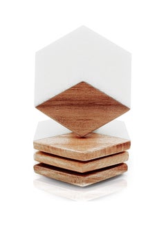 اشتري 4-Piece Marble & Acacia Wood Hexagon Coasters أبيض 8.5x9.8x5سم في الامارات