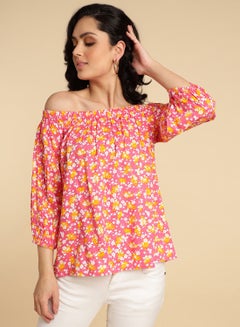 Buy Floral Print Off Shoulder Top red multicolor in Saudi Arabia