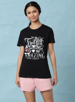 Buy Comfortable T-Shirt And Shorts Set Black/Pink/White in UAE