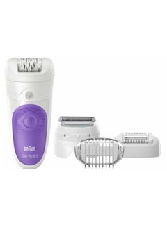 Buy Silk Epil 5 Wet And Dry Cordless Epilator With Attachment Set White/Purple in UAE