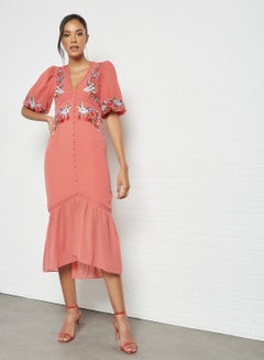 Buy Embroidered Floral Midi Dress Terracotta in Egypt