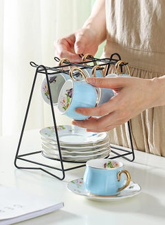 Buy 13-Piece Cup And Saucer Set With Iron Shelf Blue/White 8.5x6x5cm in Saudi Arabia