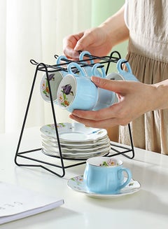 Buy 13-Piece Cup And Saucer Set With Iron Shelf Blue/White/Black 8.5x6x5cm in Saudi Arabia