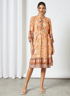 Buy All-Over Print Midi Dress Orange in Saudi Arabia