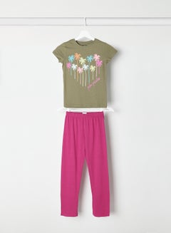 Buy Girls Round Neck Short Sleeve Pyjama Set Olive/Pink in Saudi Arabia