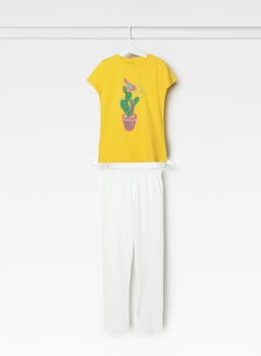 Buy Girls Round Neck Short Sleeve Pyjama Set Yellow/White in Saudi Arabia
