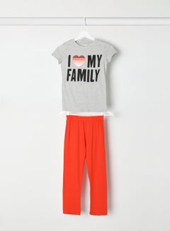 Buy I Love My Family Print T-Shirt And Pyjama Set Grey/Red in Saudi Arabia