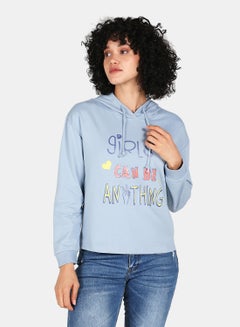 Buy Slogan Printed Crew Neck Long Sleeves Drawstring Detail Hoodie Blue Fog in Saudi Arabia