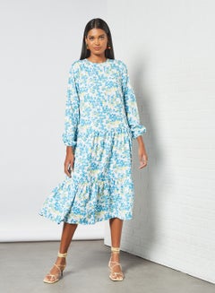 Buy Floral Print Dress White/Blue in Saudi Arabia