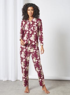 Buy Floral Print Pyjama Set Maroon in Saudi Arabia