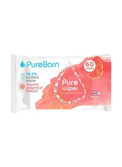 Buy Pure Wet Baby Wipes, 60 Count - Organic Grapefruit Extract, Dermatologically Tested, 98.8% Purified Water in UAE