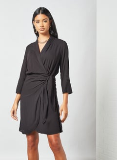 Buy V-Neck Wrap Dress Black in UAE