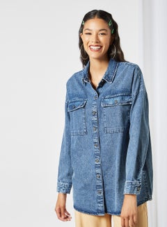 Buy Loose Fit Denim Shacket Blue in UAE