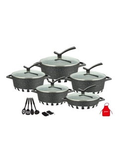 اشتري 17-Pieces Granite Cookware Set Includes Casserole With Lid 24cm, Casserole With Lid 28cm, Casserole With Lid 32cm, Casserole With Lid 28cm, Shallow Casserole 7xCooking Tools أسود/شفاف 32سم في الامارات