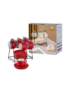 Buy 12-Piece Cup And Saucer Set With Iron Shelf Red 9x5.5x5.5cm in Saudi Arabia